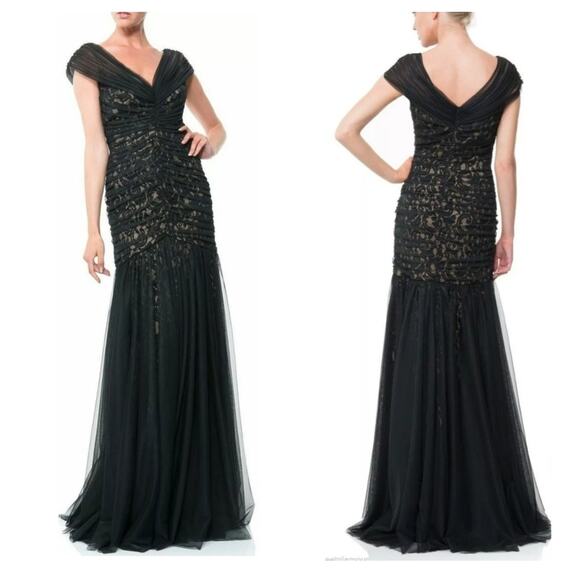 Tadashi Shoji Lace Ruched Tulle Overlay Black Nude Mermaid Dress Gown Size 10 - Picture 2 of 6